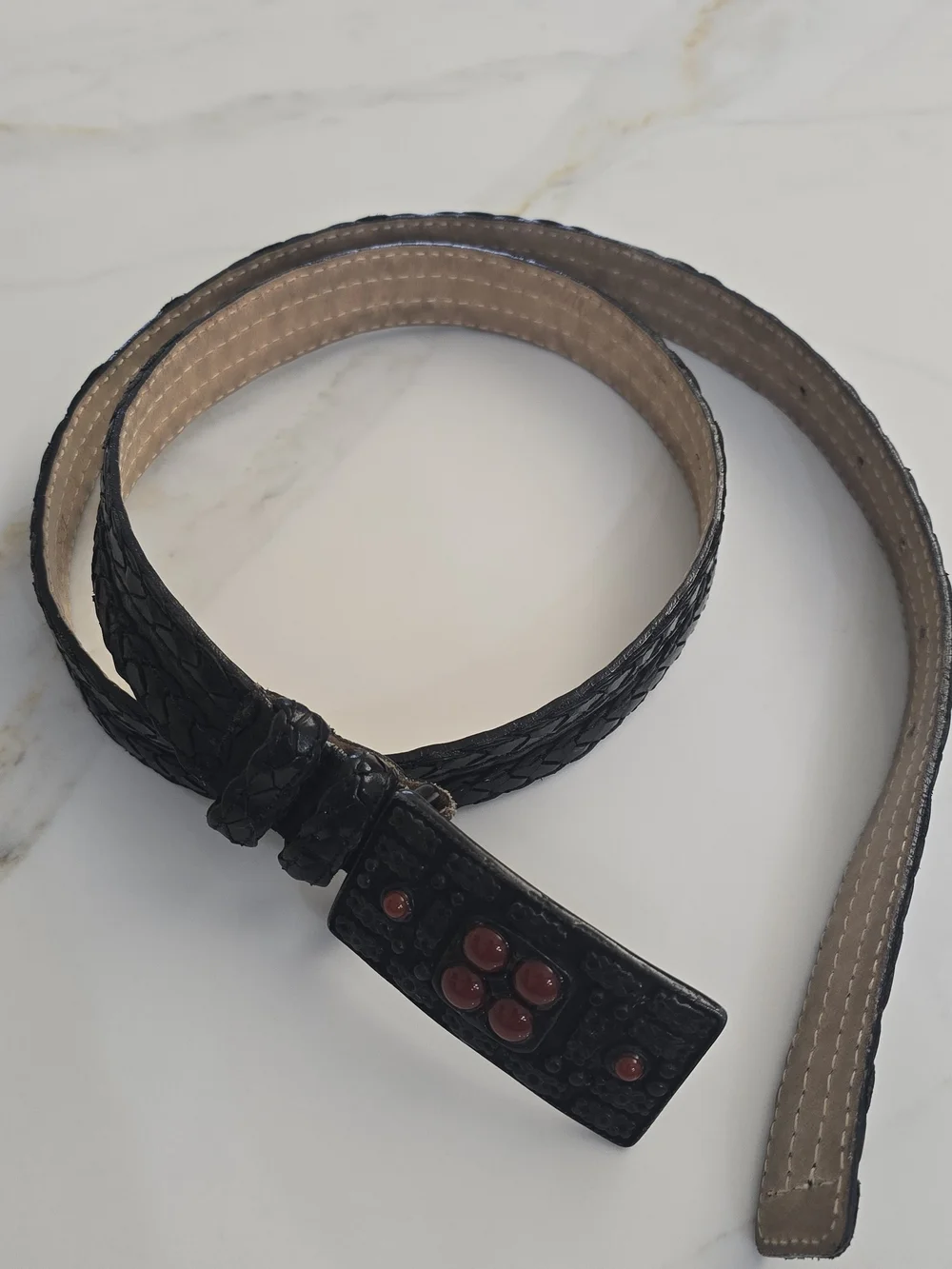 Black Textured Leather Women's Belt with Decorative Red/orange Accents